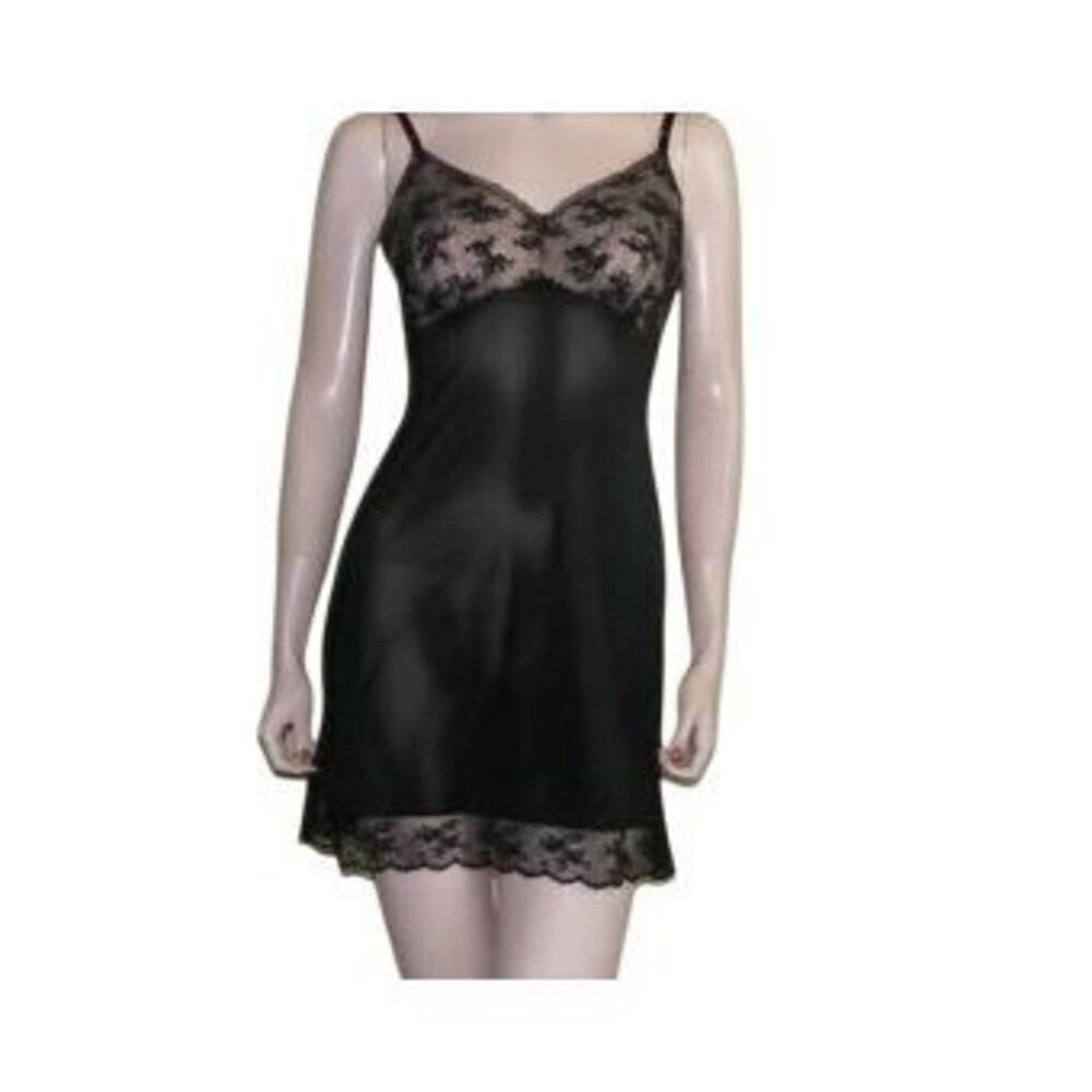 VINTAGE HENSON KICKERNICK Women's 60’s Black Spaghetti Strap Lace Chemise Nightg